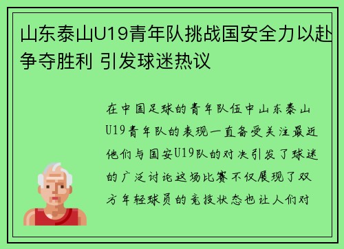 山东泰山U19青年队挑战国安全力以赴争夺胜利 引发球迷热议